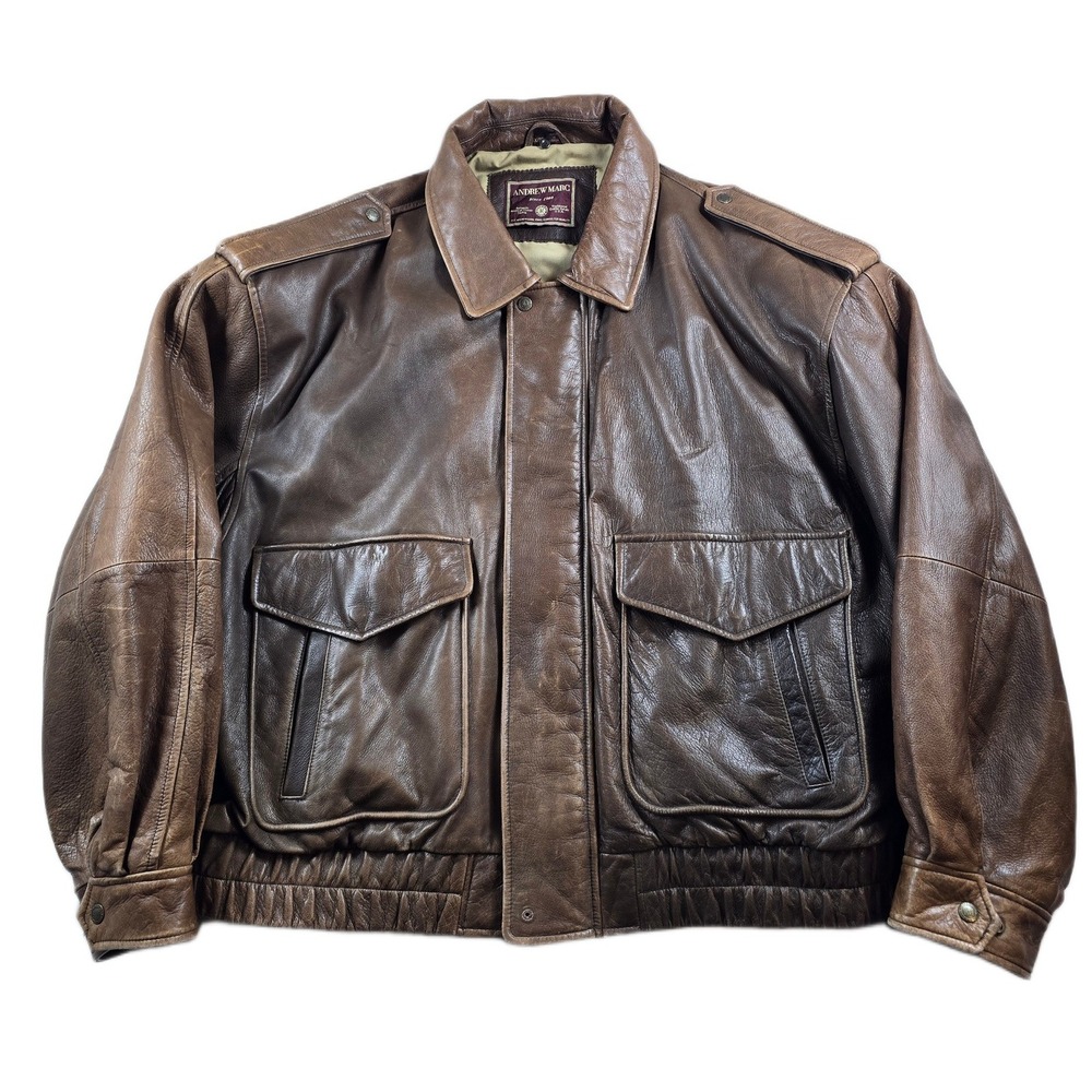 Vintage Andrew Marc Leather Jacket Mens 3XL Brown Bomber Flight A-2